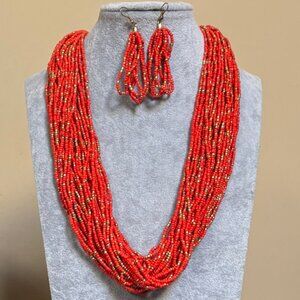 Multi Strand Red and Gold Glass Seed Bead Necklace Earring set